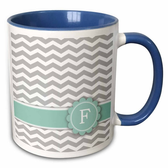 3drose, Letter F Monogram on Grey and White Chevron with Mint 2d Personalized Tag - Gray Zigzags - Zig Zags, 15oz Two-tone Blue Mug