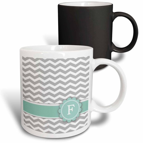 3drose, Letter F Monogram on Grey and White Chevron with Mint 2d Personalized Tag - Gray Zigzags - Zig Zags, 11oz Magic Transforming Mug