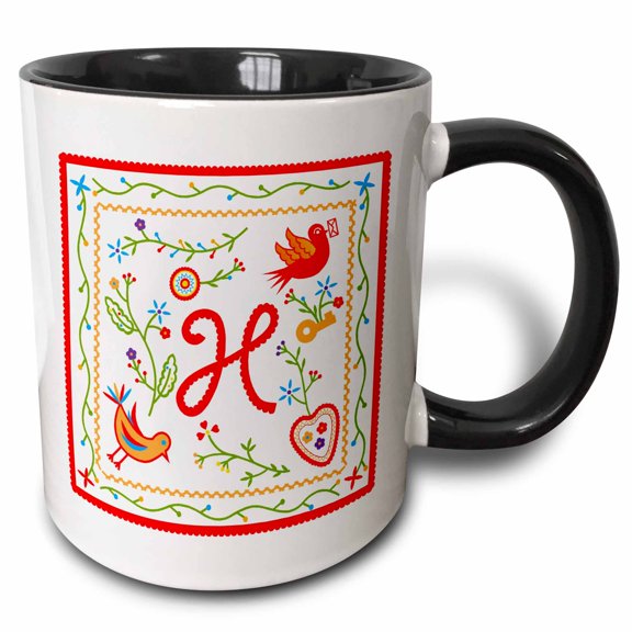 3drose, Letter H Monogram and Design Inpired by Portuguese Love Handkerchiefs Tradition, 11oz Two-tone Black Mug