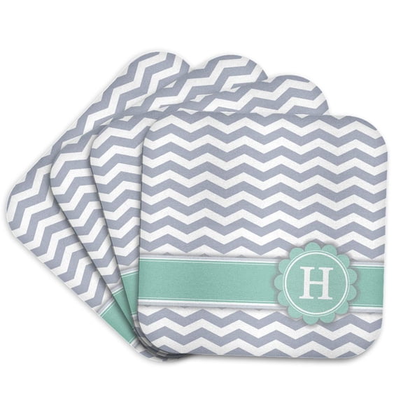3dRose, Letter H monogrammed on grey and white chevron with mint - gray zigzags - personal initial zig zags, set of 4 Coasters - Soft