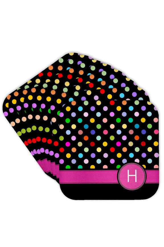 , Letter H monogrammed on rainbow polka dots pattern with hot pink personal initial - girly multicolor, Set of 8 Coasters - Soft