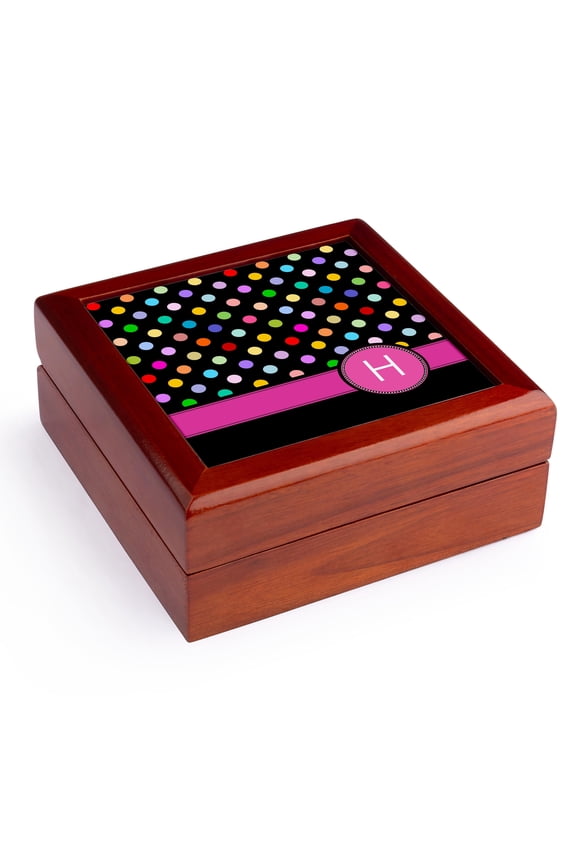 , Letter H monogrammed on rainbow polka dots pattern with hot pink personal initial - girly multicolor, Jewelry Box 5.5x5.5 inch with 4 inch tile