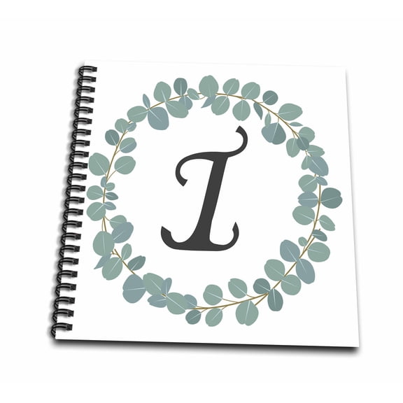 3dRose, Letter I Monogram Eucalyptus Leaves Wreath Elegant Greenery, Mini Notepad 4 x 4 inch