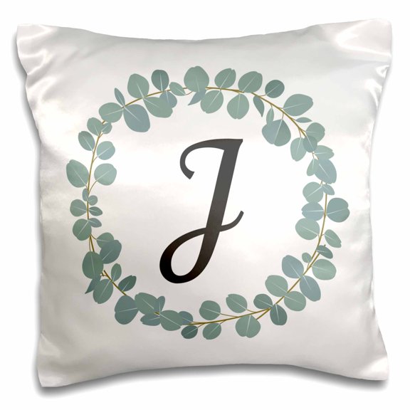 3dRose, Letter J Monogram Eucalyptus Leaves Wreath Elegant Greenery, 16x16 inch Pillow Case