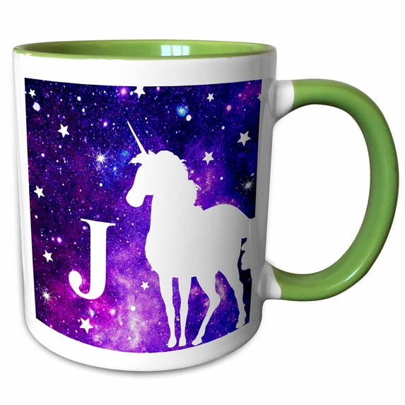 3drose, Letter J Monogram Unicorn Purple Space Stars Personalized Initial J, 11oz Two-tone Green Mug