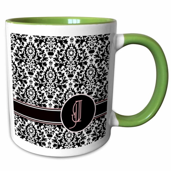 3drose, Letter J Personal Monogrammed Damask Pattern-personalized Initial, 15oz Two-tone Green Mug