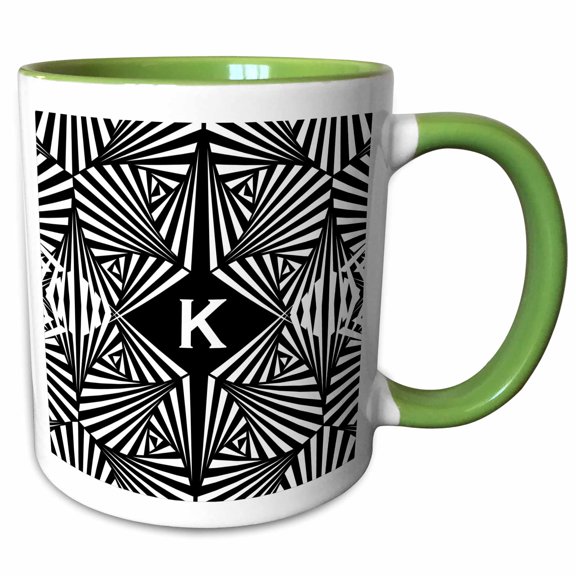 3drose, Letter K- Black and White Geometric Monogram, 11oz Two-tone Green Mug