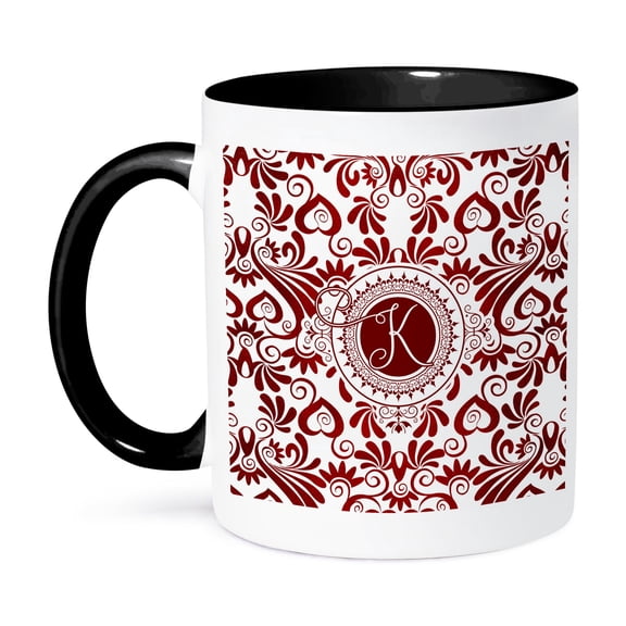 3dRose, Letter K Encircled with Deep Ruby Red Swirls and White, 11oz Two-Tone Black Mug