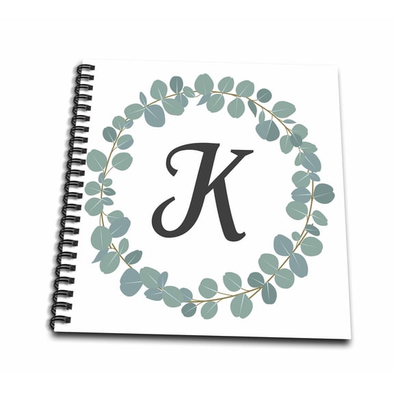 3dRose, Letter K Monogram Eucalyptus Leaves Wreath Elegant Greenery, Mini Notepad 4 x 4 inch