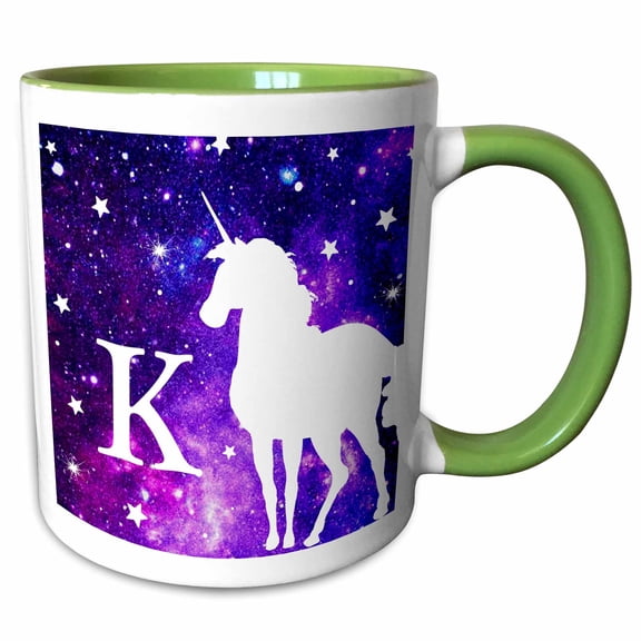 3drose, Letter K Monogram Unicorn Purple Space Stars Personalized Initial K, 11oz Two-tone Green Mug