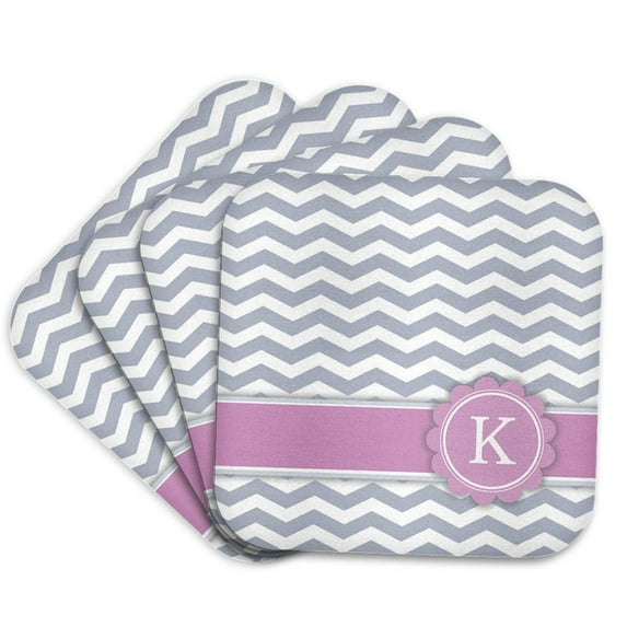 3drose, Letter K Monogrammed on Grey and White Chevron with Pink - Gray Zigzags - Personal Initial Zig Zags, Set of 4 Coasters - Soft