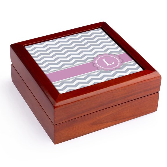 3dRose, Letter L monogrammed on grey and white chevron with pink - gray zigzags - personal initial zig zags, Jewelry Box 5.5x5.5 inch with 4 inch tile