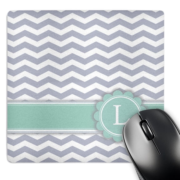 3dRose, Letter L monogrammed on grey and white chevron with mint - gray zigzags - personal initial zig zags, MousePad