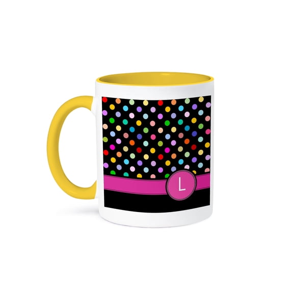 3dRose, Letter L monogrammed on rainbow polka dots pattern with hot pink personal initial - colorful girly, 15oz Two-Tone Yellow Mug