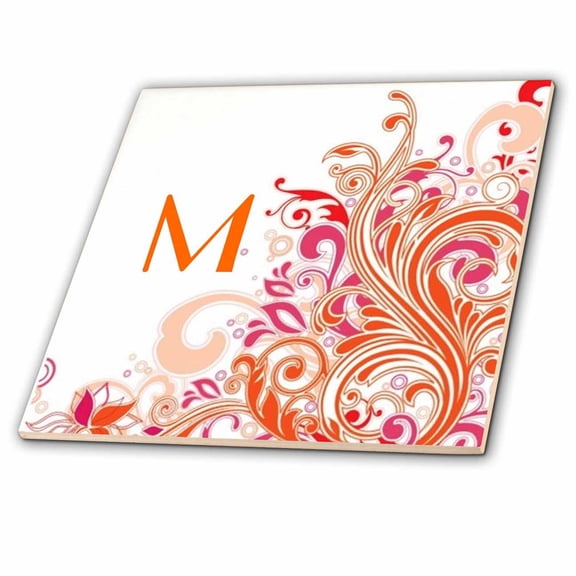 3dRose, Letter M On Pretty Pink n Orange Swirls, 12 Inch Glass Tile