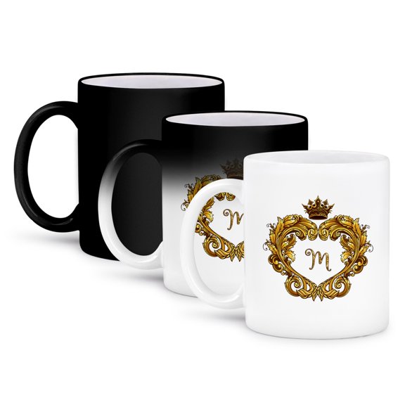 3dRose, Letter M Personal Vintage Gold Royal Monogram Personalized Initial, 11oz Magic Transforming Mug