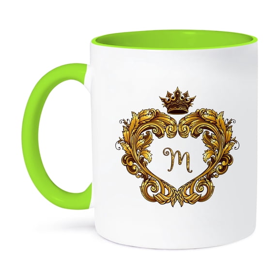 3dRose, Letter M Personal Vintage Gold Royal Monogram Personalized Initial, 11oz Two-Tone Green Mug