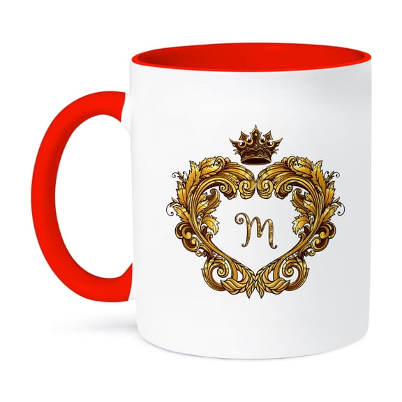 3dRose, Letter M Personal Vintage Gold Royal Monogram Personalized Initial, 11oz Two-Tone Red Mug