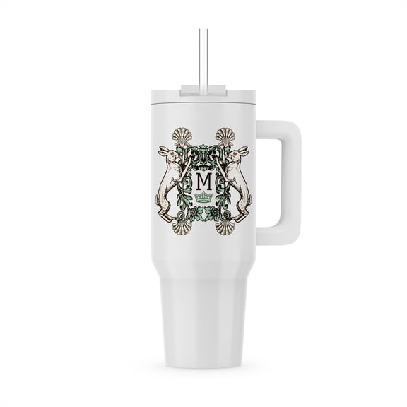 Letter M- White Rabbits Monogram With Shells And Crown, 40oz Tumbler