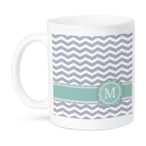 3dRose, Letter M monogrammed on grey and white chevron with mint - gray zigzags - personal initial zig zags, 11oz Mug