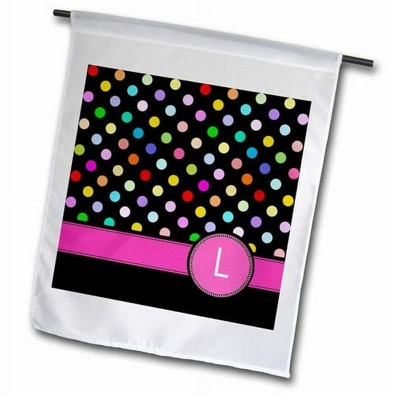 3dRose, Letter L monogrammed on rainbow polka dots pattern with hot pink personal initial - colorful girly, 12 x 18 inch Garden Flag