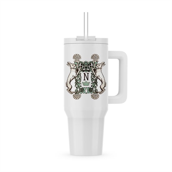 3dRose, Letter N- White Rabbits Monogram with Shells and Crown, 30oz Tumbler