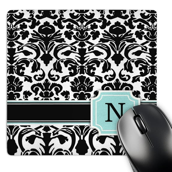 3dRose, Letter N personal monogrammed mint blue black and white damask pattern - classy personalized initial, MousePad