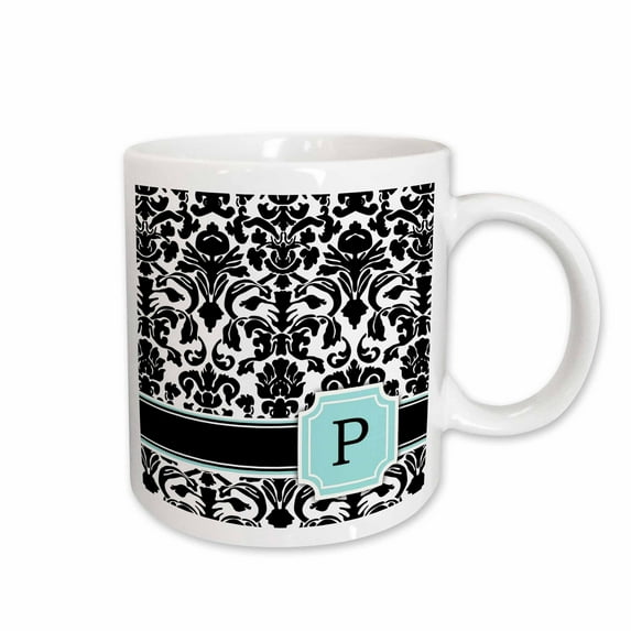 3drose, Letter P Personal Monogrammed Mint Blue Black and White Damask Pattern - Classy Personalized Initial, 11oz Mug
