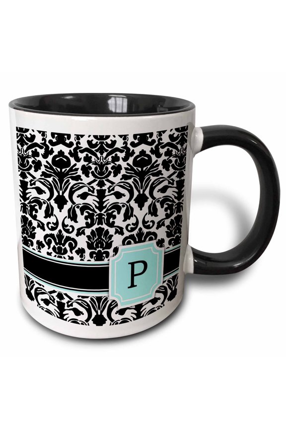 , Letter P Personal Monogrammed Mint Blue Black and White Damask Pattern - Classy Personalized Initial, 11oz Two-tone Black Mug