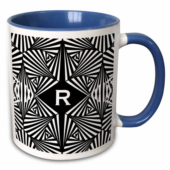 3drose, Letter R- Black and White Geometric Monogram, 11oz Two-tone Blue Mug