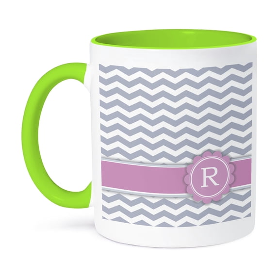 3dRose, Letter R monogrammed on grey and white chevron with pink - gray zigzags - personal initial zig zags, 15oz Two-Tone Green Mug