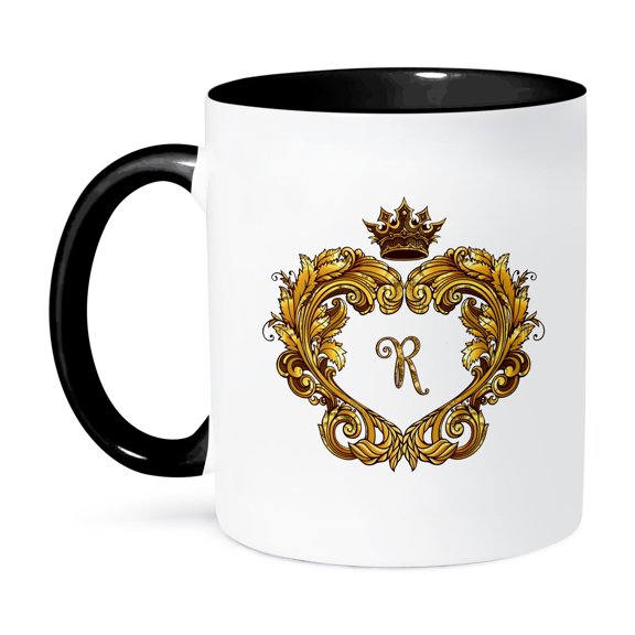 3dRose, Letter R Personal Vintage Gold Royal Monogram Personalized Initial, 15oz Two-Tone Black Mug