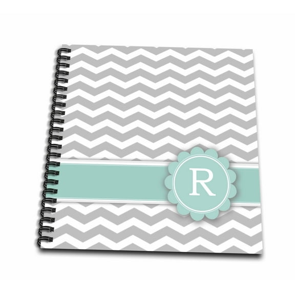 3dRose, Letter R monogrammed on grey and white chevron with mint - gray zigzags - personal initial zig zags, Drawing Book 8 x 8 inch