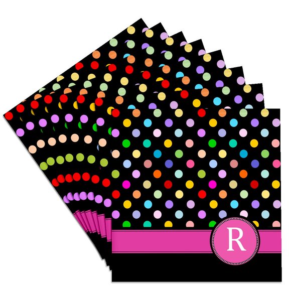 3dRose, Letter R monogrammed on rainbow polka dots pattern with hot pink personal initial - girly multicolor, Set of 8 Ceramic Tile Coasters