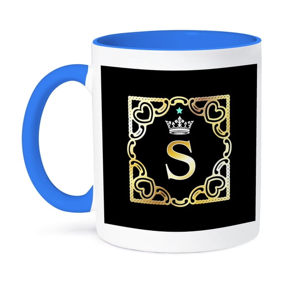3dRose, Letter S- Image of Monogram with Crown and Blue Star- not metal foil, 15oz Two-Tone Blue Mug