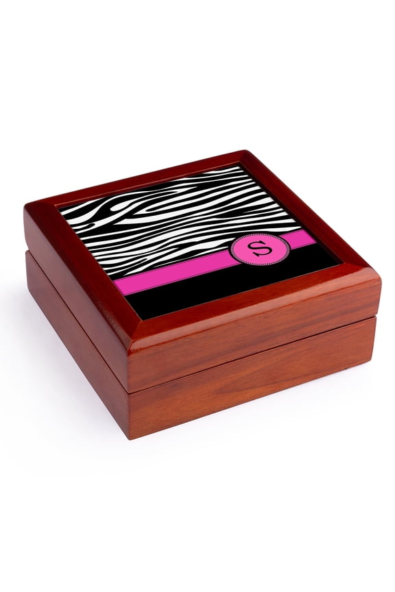 , Letter S monogrammed black and white zebra stripes animal print with hot pink personalized initial, Jewelry Box 5.5x5.5 inch with 4 inch tile