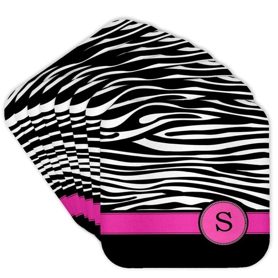 3dRose, Letter S monogrammed black and white zebra stripes animal print with hot pink personalized initial, set of 8 Coasters - Soft