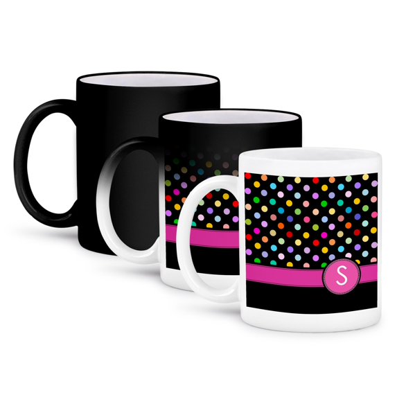 3dRose, Letter S monogrammed on rainbow polka dots pattern with hot pink personal initial - colorful girly, 11oz Magic Transforming Mug