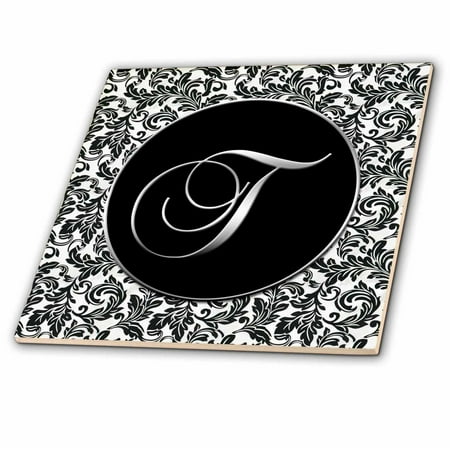 3dRose Letter T - Black and White Damask - Ceramic Tile, 8-inch