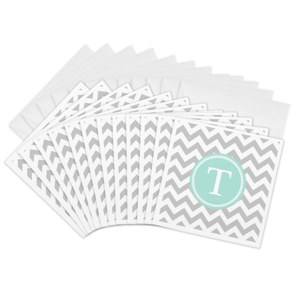 3drose, Letter T Grey and White Chevron with Mint Monogram Personal Initial T, 12 Greeting Cards with Envelopes