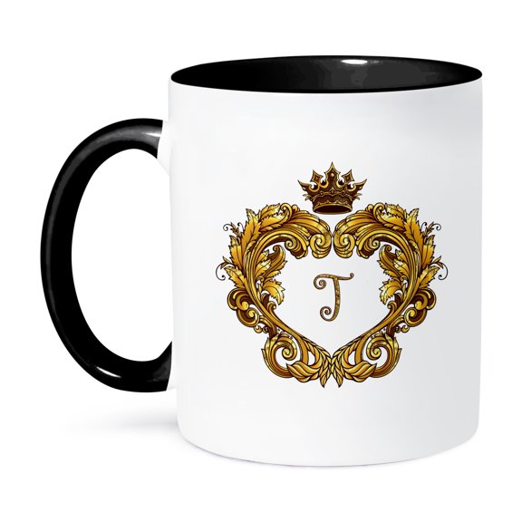 3dRose, Letter T Personal Vintage Gold Royal Monogram Personalized Initial, 11oz Two-Tone Black Mug