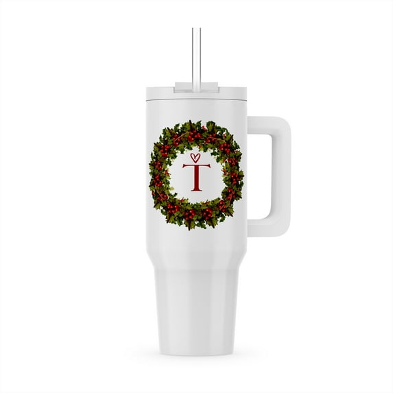 Letter T- Red Berry Holly Wreath With Scribble Heart, 40oz Tumbler