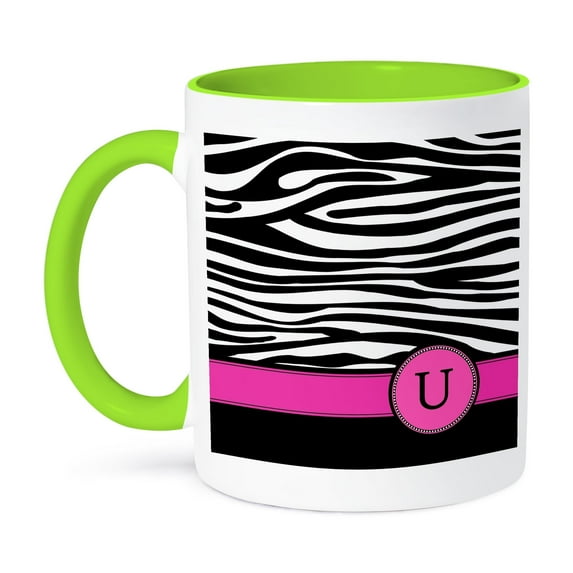 3dRose, Letter U monogrammed black and white zebra stripes animal print with hot pink personalized initial, 11oz Two-Tone Green Mug
