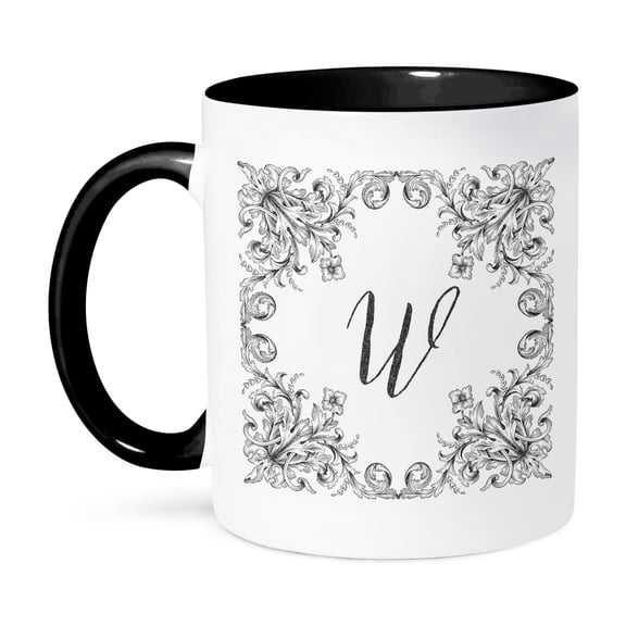 3dRose, Letter W Personal Luxury Vintage Glitter Monogram-Personalized Initial, 11oz Two-Tone Black Mug