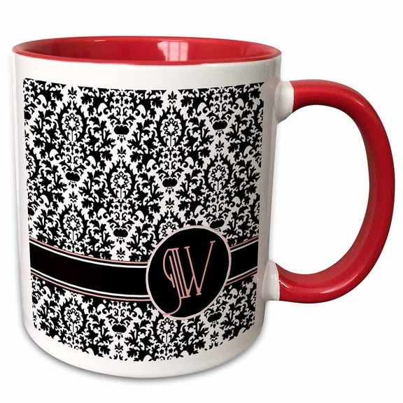 3drose, Letter W Personal Monogrammed Damask Pattern-personalized Initial, 11oz Two-tone Red Mug