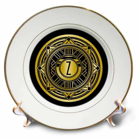 3dRose, Letter Z Art Deco Geometric Monogram in Faux Gold and Black, 8 inch Porcelain Plate