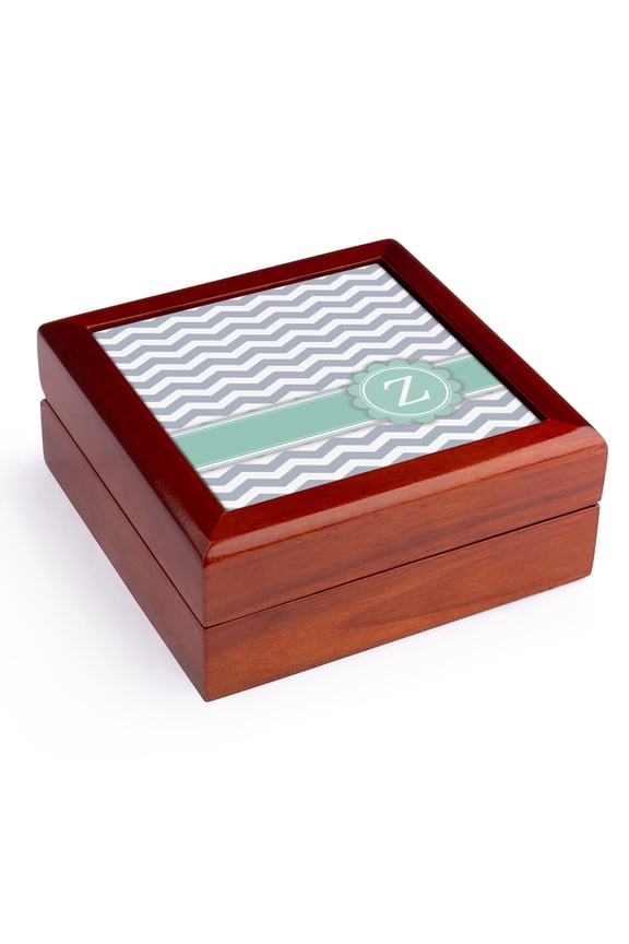 , Letter Z monogrammed on grey and white chevron with mint - gray zigzags - personal initial zig zags, Jewelry Box 5.5x5.5 inch with 4 inch tile