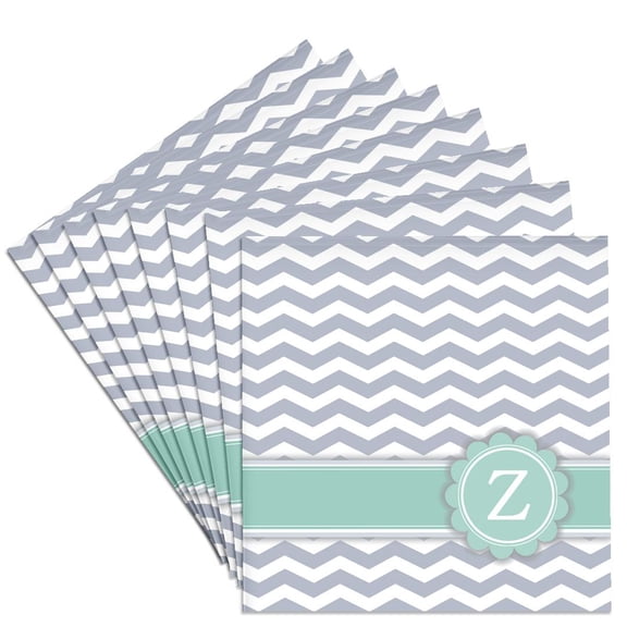 3dRose, Letter Z monogrammed on grey and white chevron with mint - gray zigzags - personal initial zig zags, Set of 8 Ceramic Tile Coasters