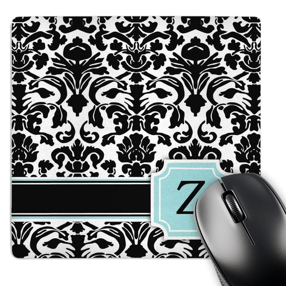 3dRose, Letter Z personal monogrammed mint blue black and white damask pattern - classy personalized initial, MousePad