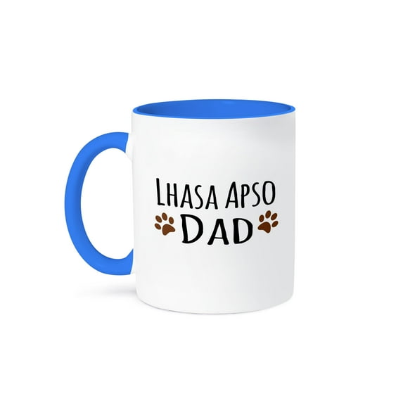 3dRose, Lhasa Apso Dog Dad - Doggie by breed - muddy brown paw prints - doggy lover - pet owner love, 15oz Two-Tone Blue Mug
